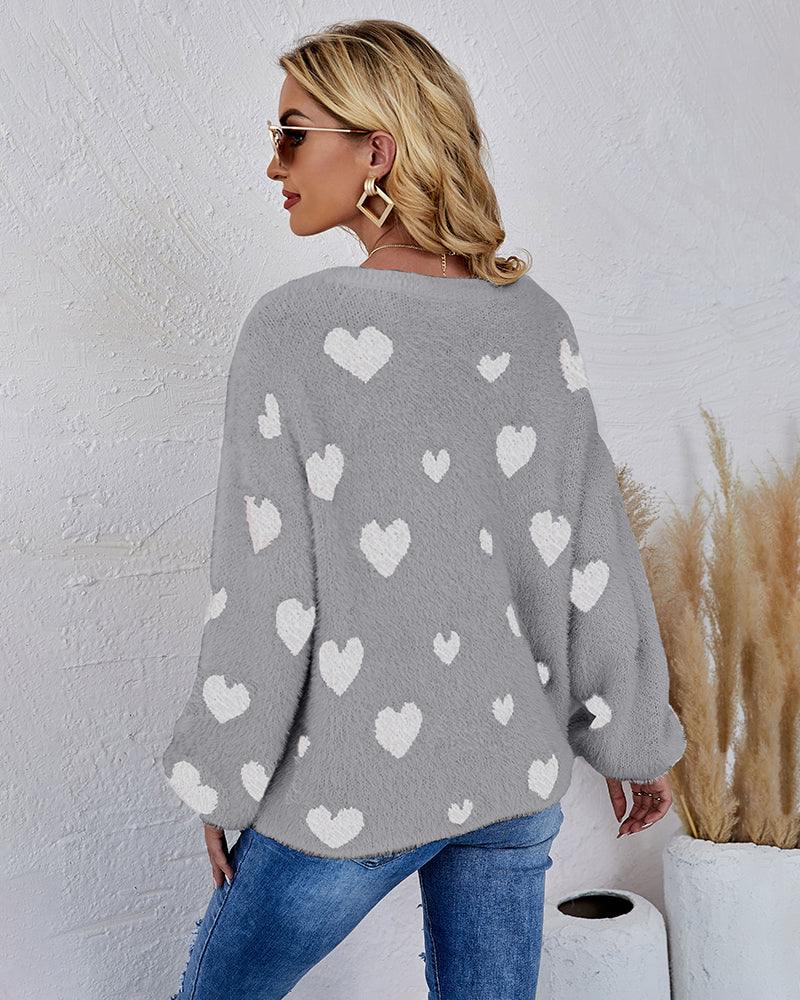 Love Pattern Round Neck Knit Sweater