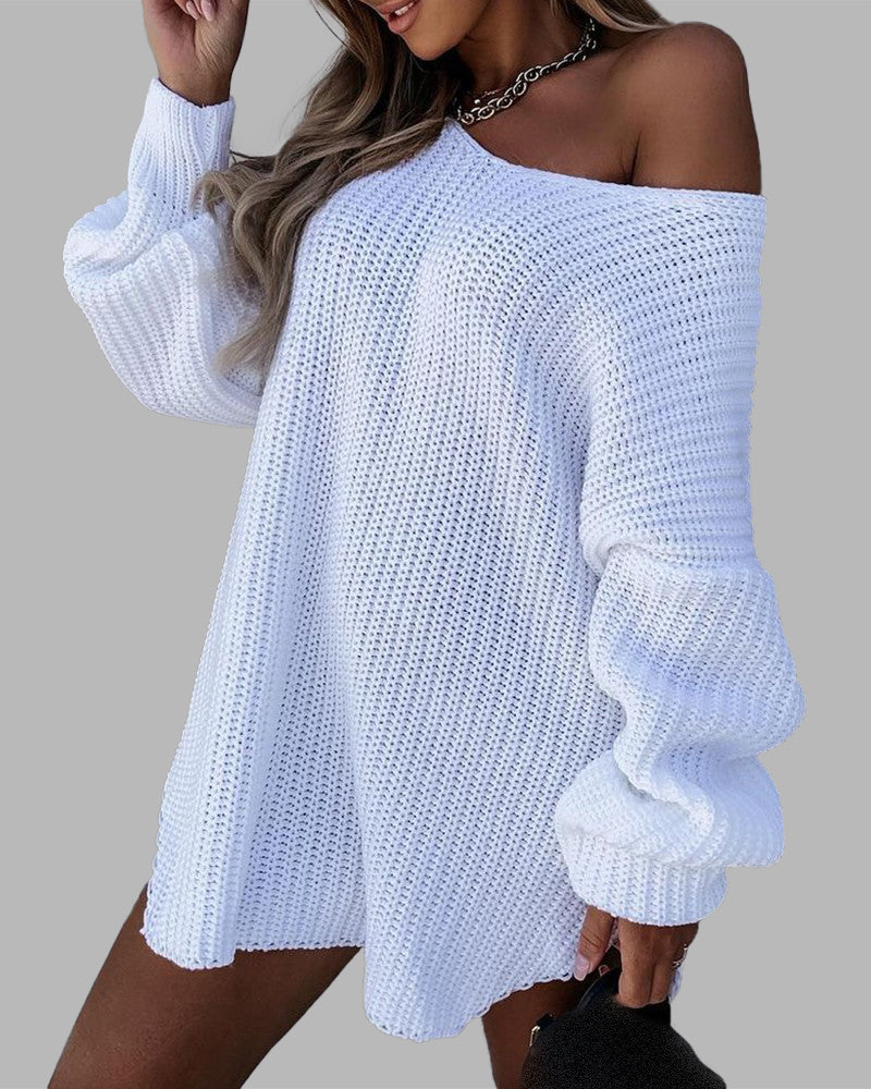 Loose Mid-length Off-shoulder V-neck Slit Knitted Sweater