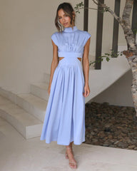 Stand Collar Solid Color Hollow Waist Long Dress