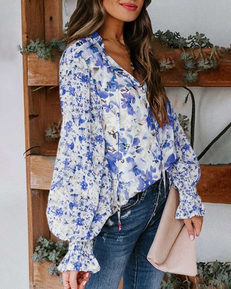 Long Sleeve Boho Drawstring Floral Print V Neck Shirt Buttoned Blouse Casual Tunic Tops