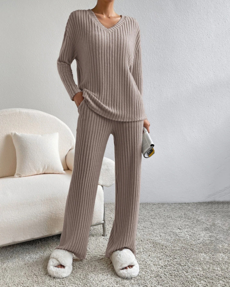 Women's Two Pieces Sets Ribbed Knit V-Neck Long-Sleeve Top & Pants Set