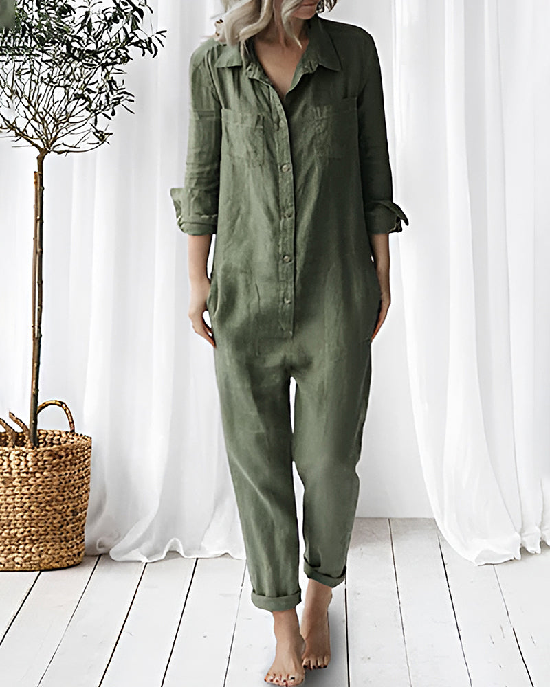 Casual Lapel Pocket Long Sleeve Solid Color Cotton Jumpsuit