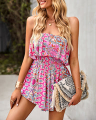 Off Shoulder Jumpsuit Floral Print Strapless Elastic Waist Wide Leg Shorts Romper Dress