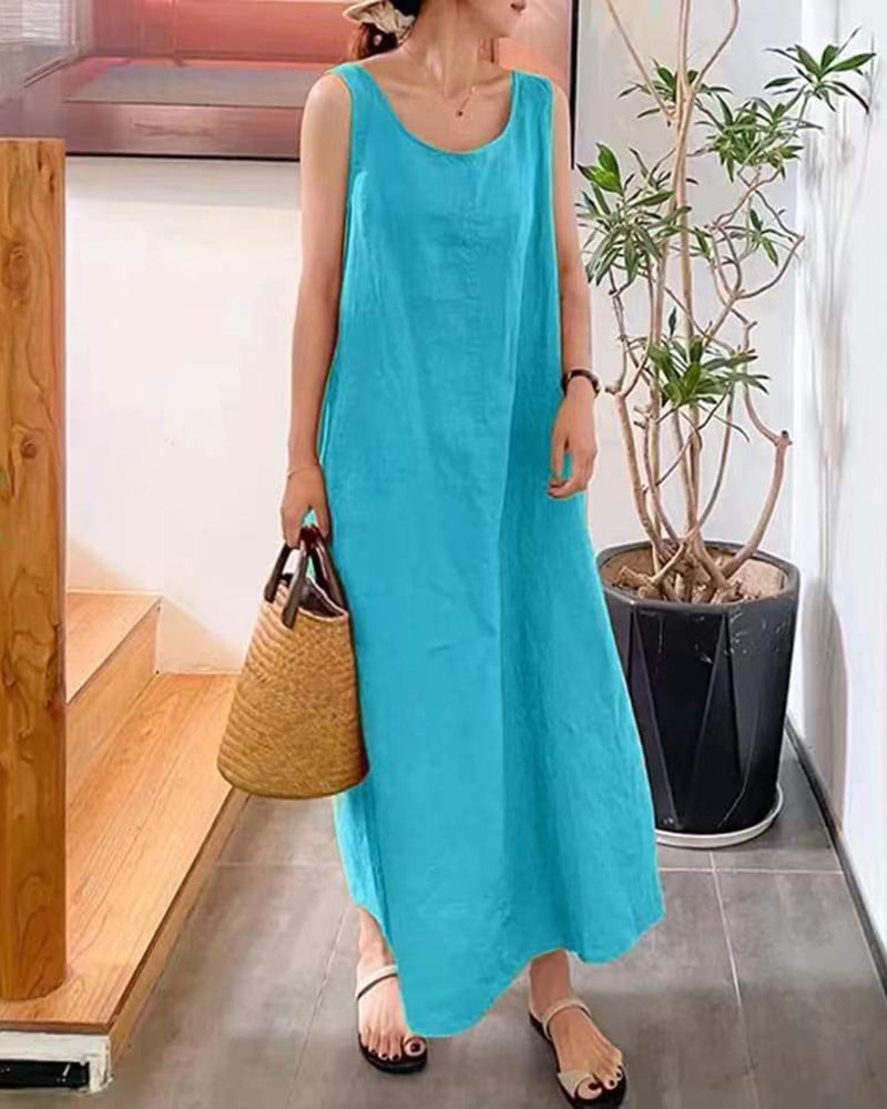 Sling Long Dress Loose Pocket Round Neck Sleeveless Dress