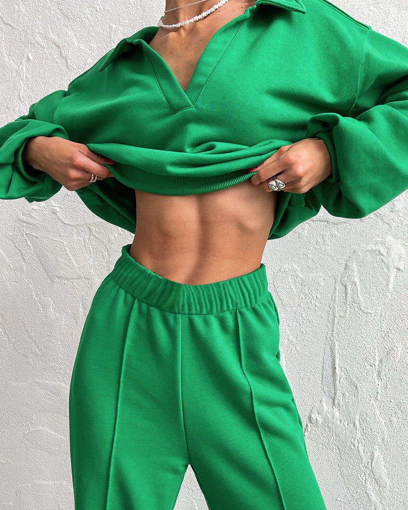 Casual Two-Piece Set V-neck Fleece Sweatshirt High-waisted Wide-leg Pants