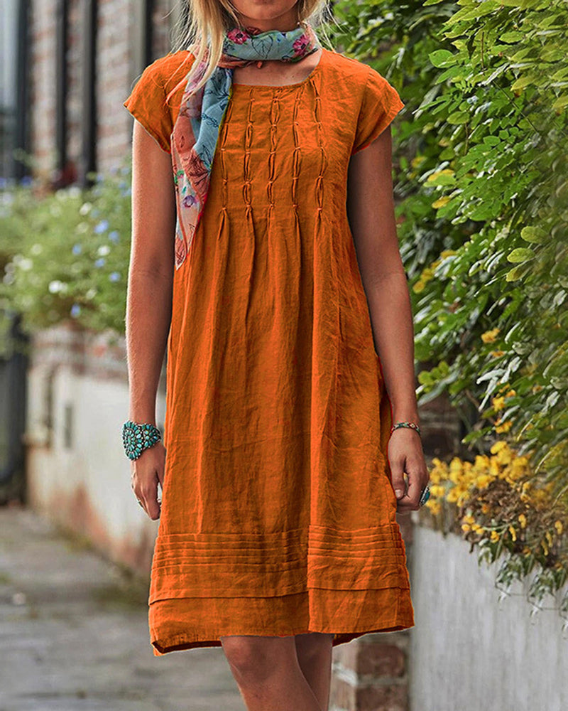 Knee Length Plain Crewneck Tunic Dress Ruched Short Sleeve Loose Pleated Sundress