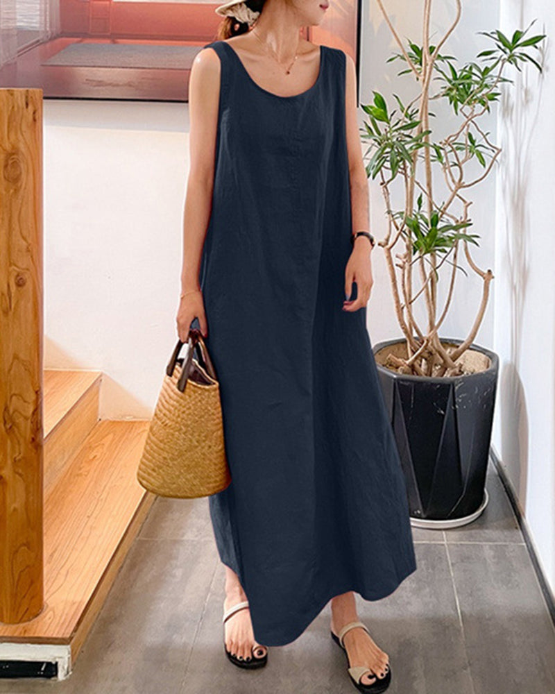 Sling Long Dress Loose Pocket Round Neck Sleeveless Dress