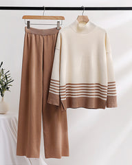 Casual Loose Knitted Two-piece Set Wide-leg Pants Contrast Color Sweater Suit