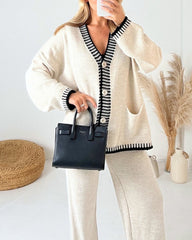 Casual Two-pieces Outfits Contrast Trim Knitted Cardigan and Trousers Pants Sets