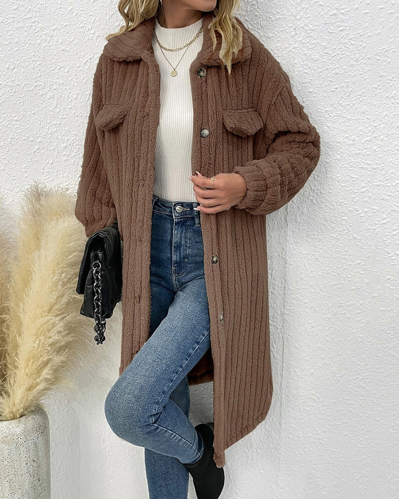 Fuzzy Faux Shearling Lapel Button Down Fleece Outwear Flannel Jacket