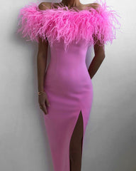 Off Shoulder Faux Fur Split Long Dress Wedding Evening Party Dress