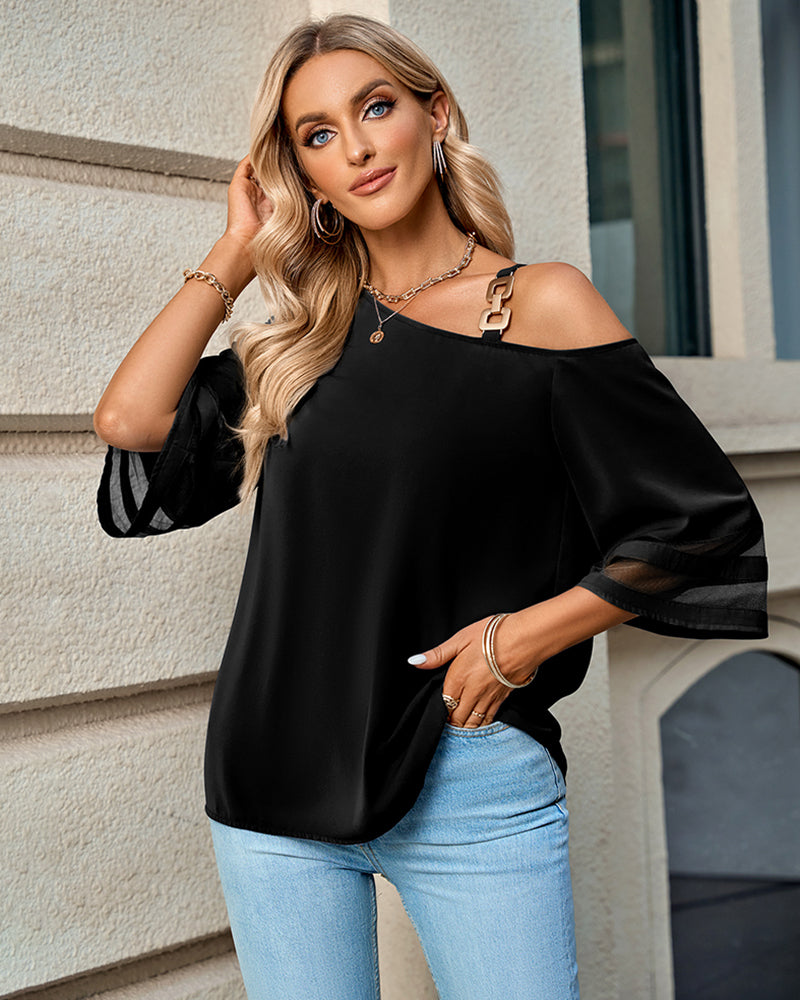 Asymmetrical Neck Buckled Spliced Mesh Blouse