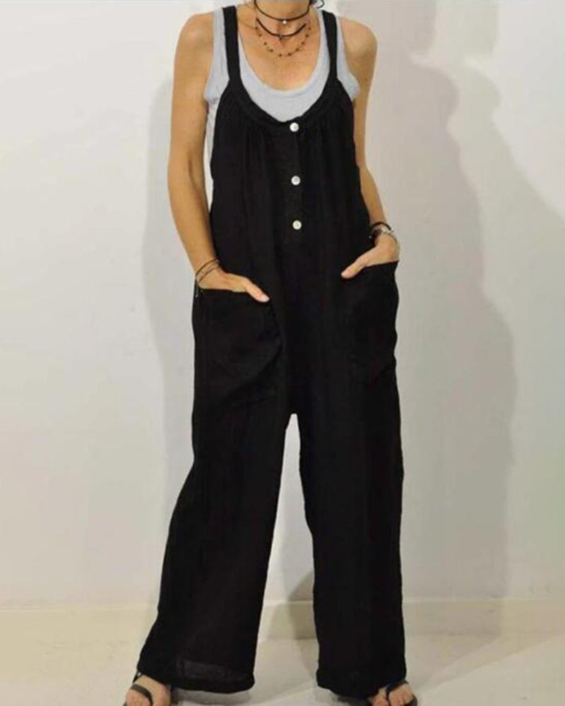 High Waist Wide Leg Overalls Jumpsuits Retro Plain Braces Overall Rompers with Button