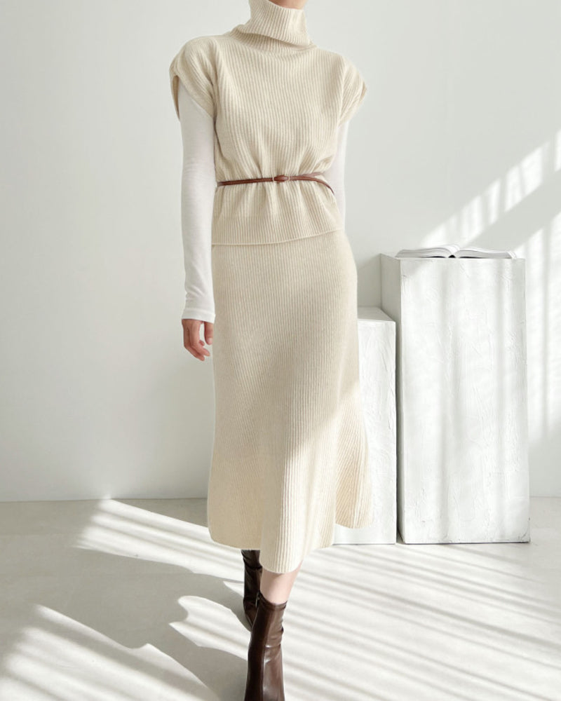 Casual Two-piece Outfits Turtleneck Sleeveless Sweater Vest and Mid-length Skirts Sets