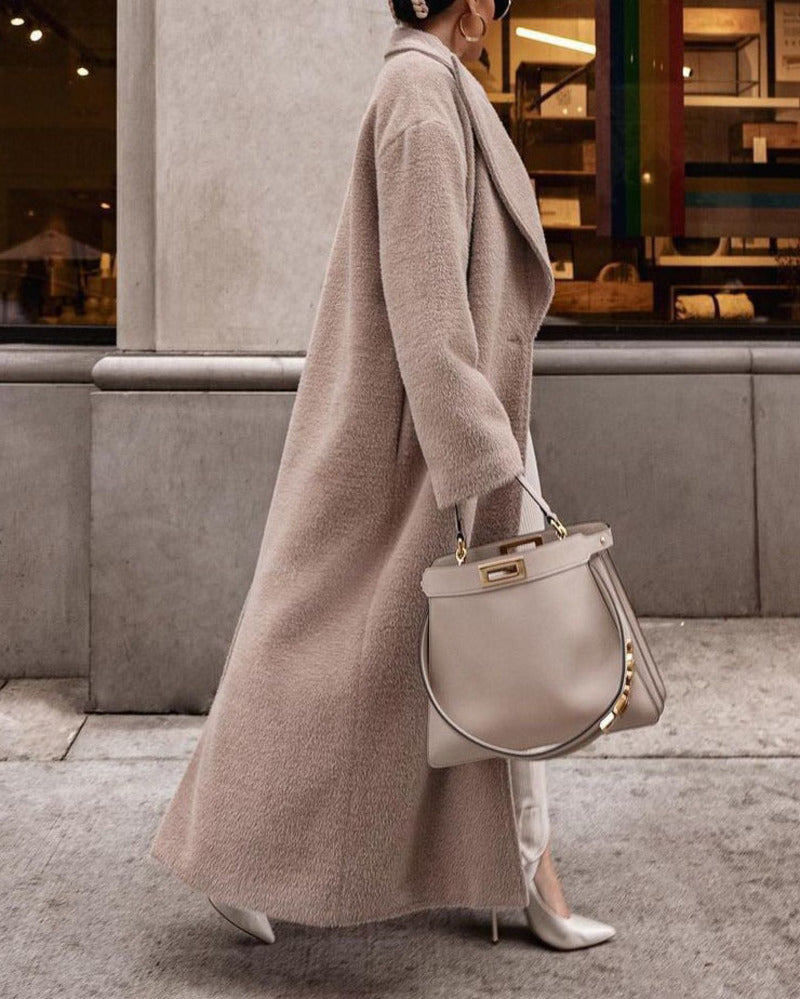Turndown Collar Long Sleeve Plush Long Coat