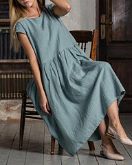 Short Sleeve Round Neck Solid Color Loose Pleated Swing Mid-Long Dresses