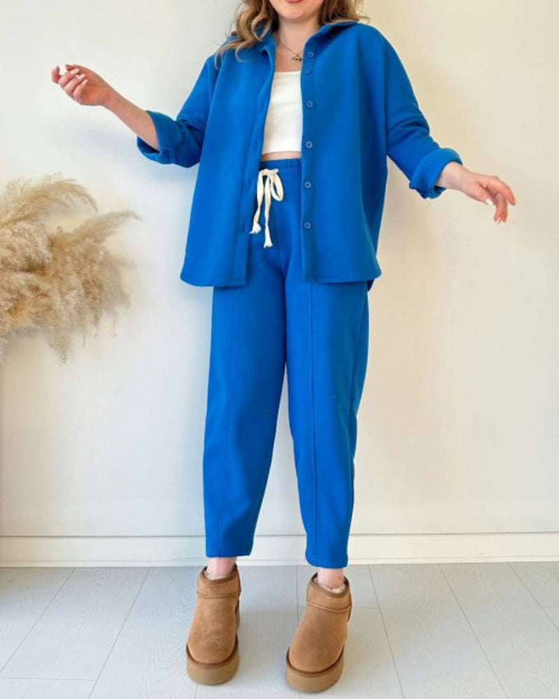 Simple Casual Two-Piece Set with Fleece Inside Lapel-Neck Shirt+Wide-leg Pants