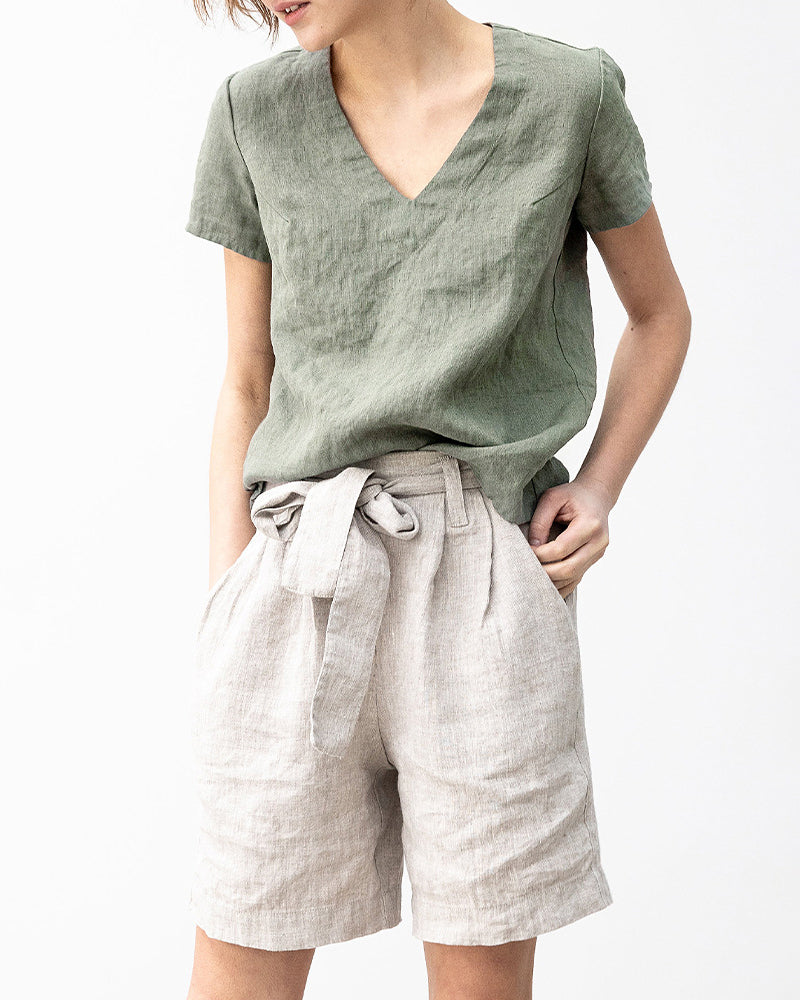 Belted Straight-leg High-waisted Cotton and Linen Casual Pants