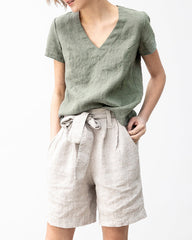 Belted Straight-leg High-waisted Cotton and Linen Casual Pants