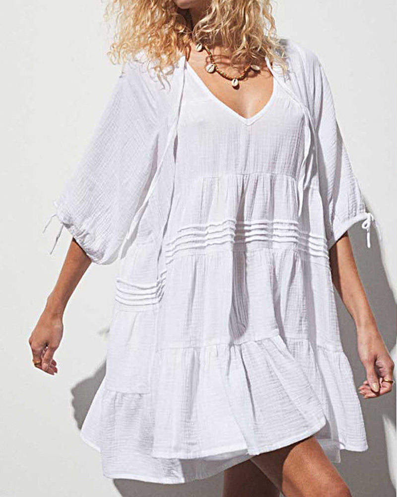 Cute Sweet Tie up V Neck Drawstring Short Sleeve Babydoll Dress Loose Tiered Ruffle Swing Tunic Mini Dress