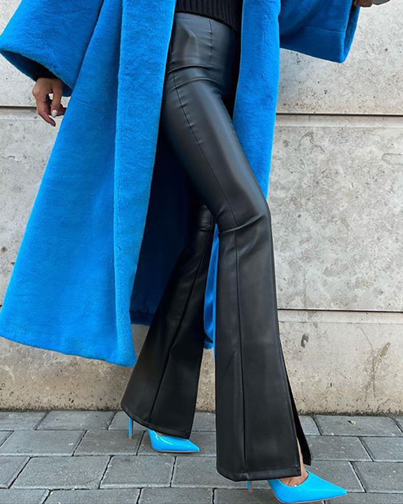 Flared PU Leather Pants with Side Slits