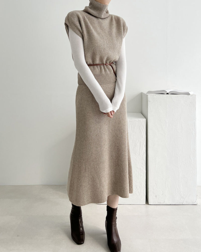 Casual Two-piece Outfits Turtleneck Sleeveless Sweater Vest and Mid-length Skirts Sets