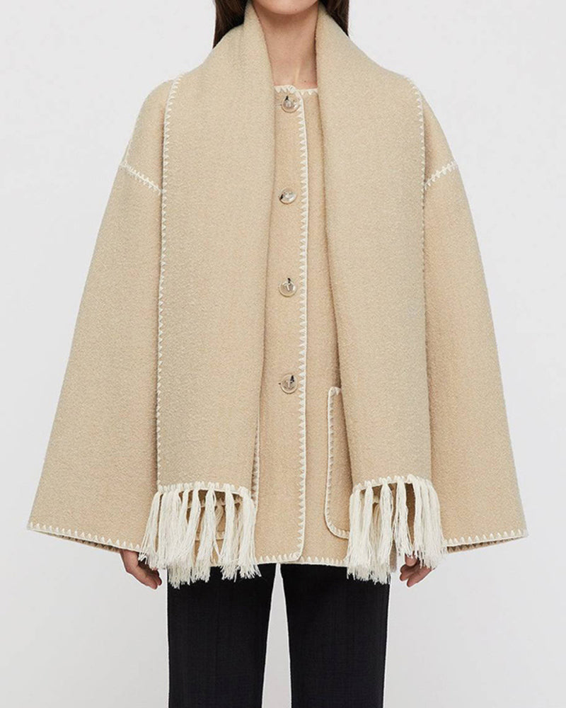 Women's Thickened Loose Woolen Coat with Fringed Scarf