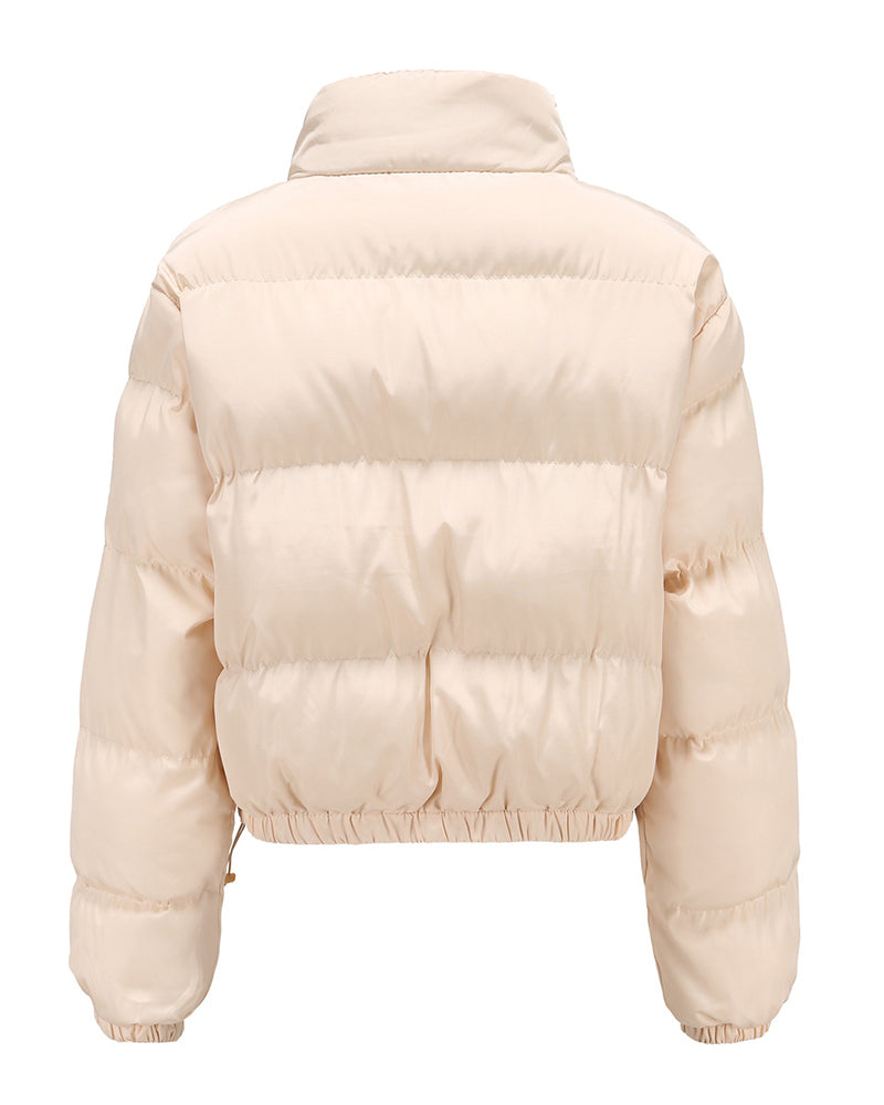 Short Puffer Jacket Stands Up Button Zipper Outerwear