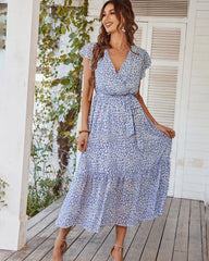 Boho Floral Print Ruffle Short Sleeve Dress Wrap V Neck Midi Loose Casual Dresses with Belt