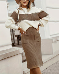 Casual Ribbed Two-piece Set, Color Block Knit Sweater & Solid Midi Sweater Skirts Outfits