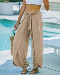 Casual High Waisted Flowy Wide Leg Pants Bowtie Front Split Wrap Pants Trousers