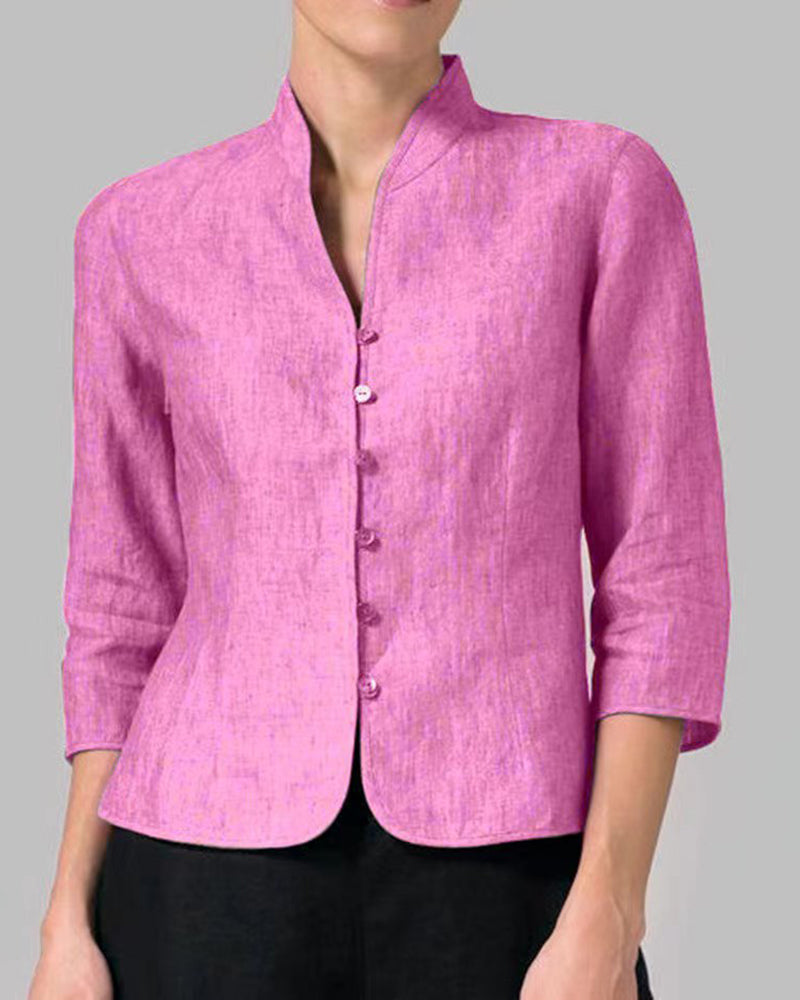 Stand Collar Button Slim Fit Three Quarter Sleeve Shirt Top