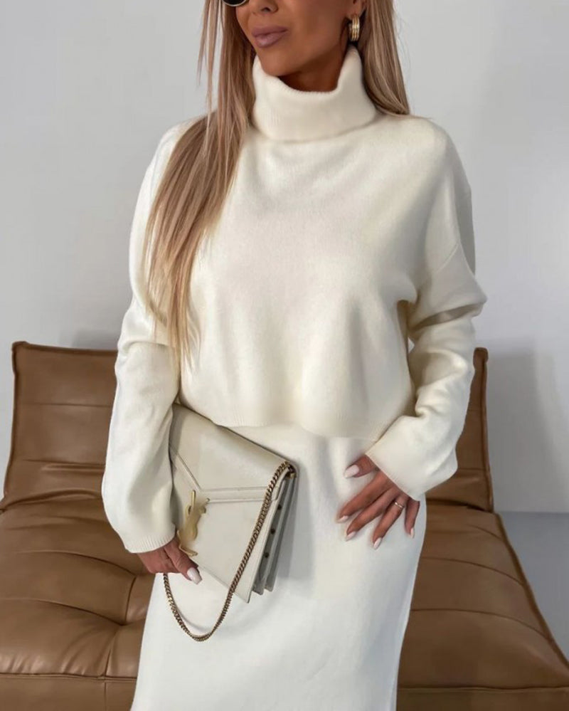 Elegant Two-piece Set Midi Dress and Turtle Neck Sweater Skirt Set