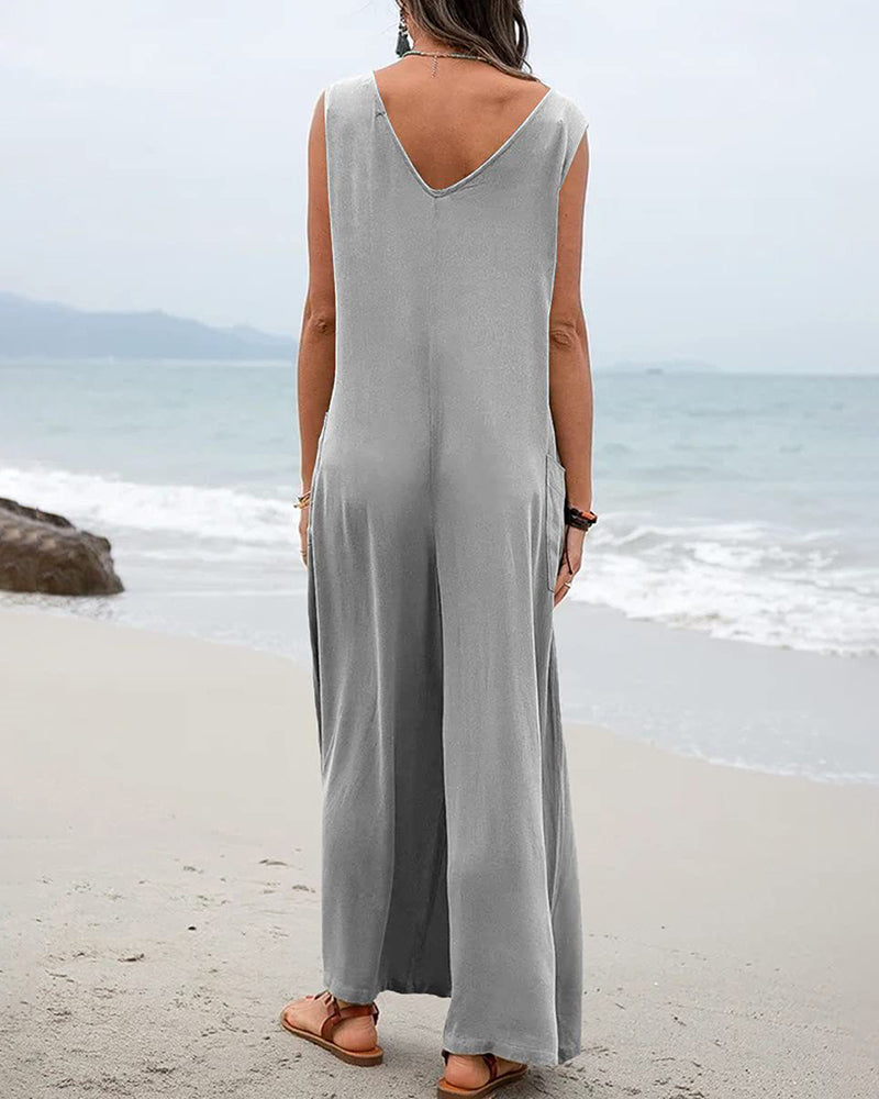 Wide Leg Jumpsuit Sleeveless V-Neck Casual Loose Jumpsuit Comfy Baggy Tank Romper with Pockets