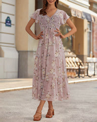 V Neck Short Sleeves Smocked Tiered Mauve Floral Maxi Dress