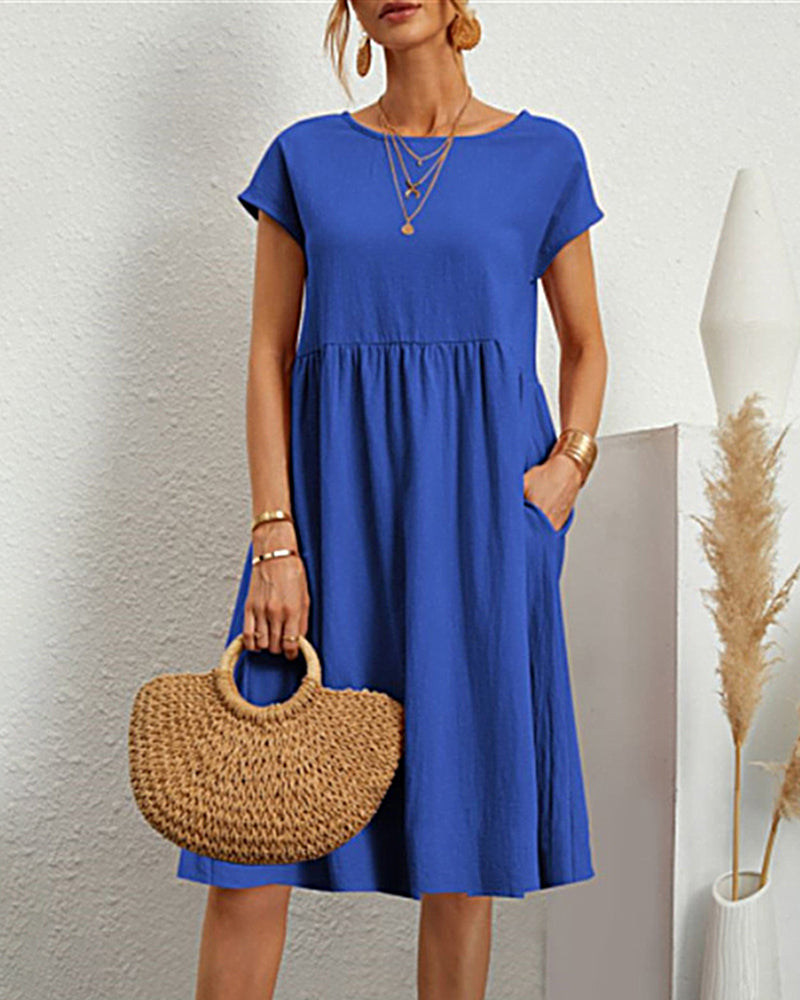 Round Neck Short Sleeve High Waist Dresses Solid Color Casual Holiday Beach Party Sundress