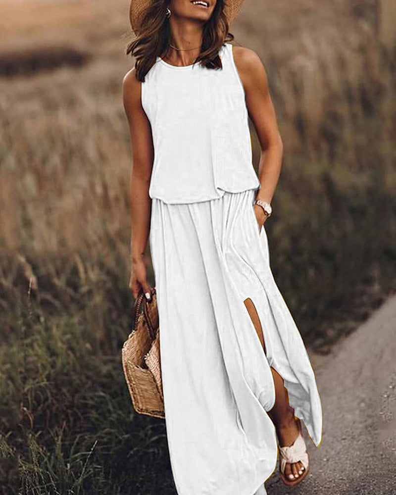 Crewneck Sleeveless Split Maxi Dress Casual Loose Sundress Long Flowy Beach Dress with Pockets