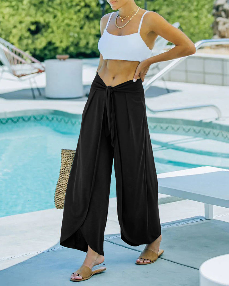 Casual High Waisted Flowy Wide Leg Pants Bowtie Front Split Wrap Pants Trousers