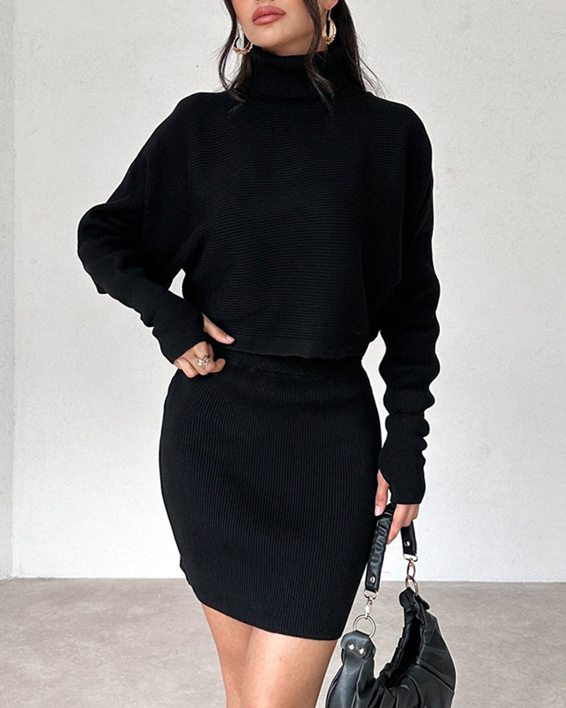 Casual Two Pieces Sets Turtleneck Sweater and Mini Skirt Suits