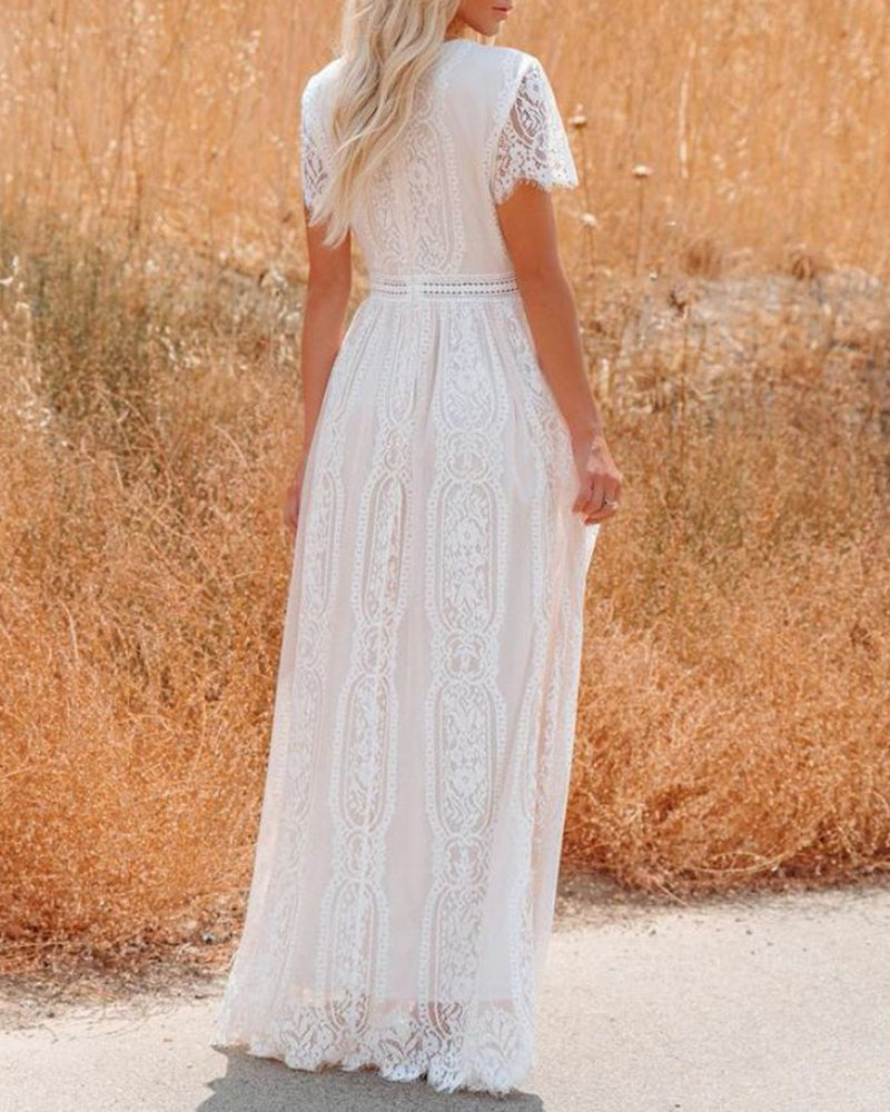 V-Neck Half Sleeves Lace Bohemian Floor Length Dress