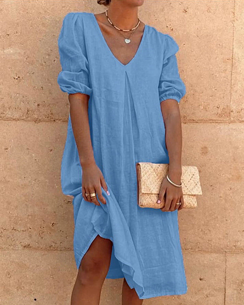 Loose Shirt Dress V-Neck Long Midi Dresses