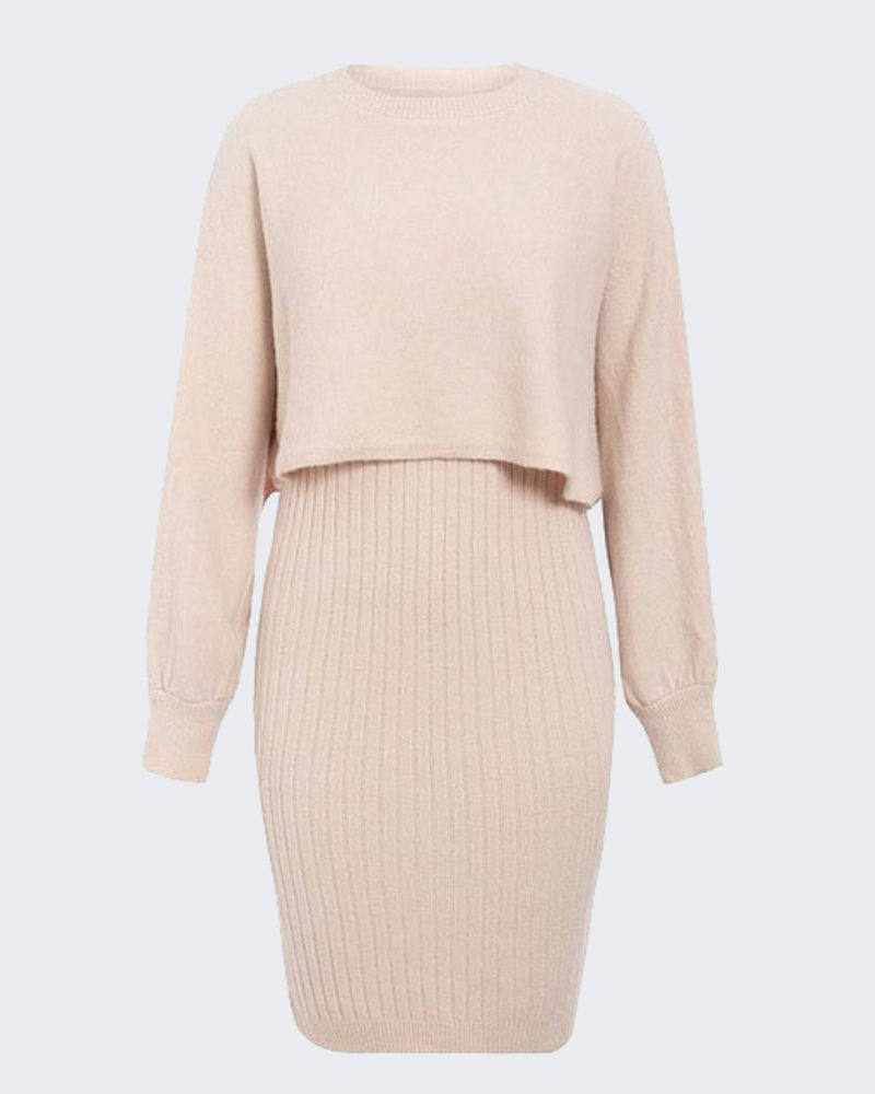 Women's Two Pieces Sets Long Sleeve Lazy Style Fashionable Sweater + Solid Knitted Skirt Dress