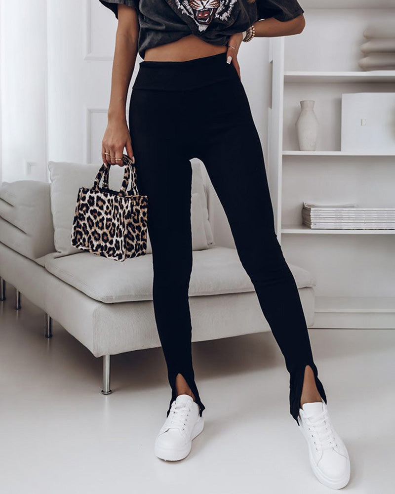 High Waist Ribbed Slit Leggings Tummy Control Pants