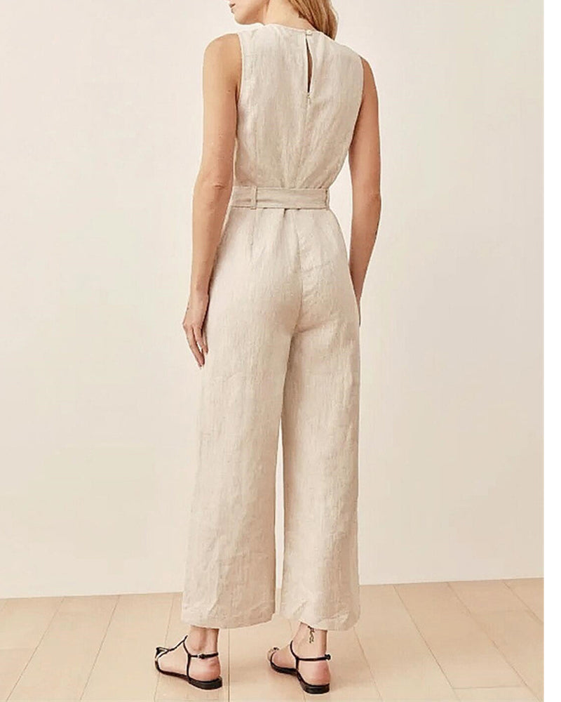 Solid Color Sleeveless Crew Neck Pockets Tie Jumpsuit