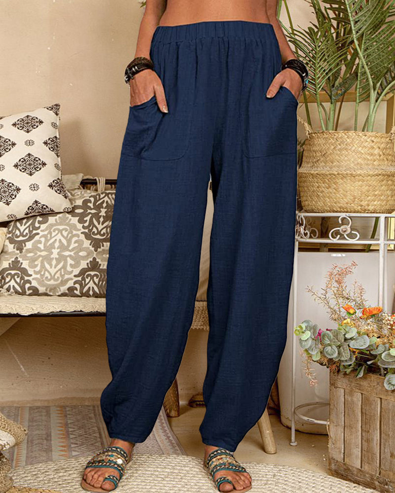 Long Elastic Loose Casual Trousers Harem Pants Pockets Wide Leg Pants