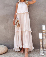 Boho Long Solid Color Loose Sleeveless Halter Neck Ruffle Maxi Dresses
