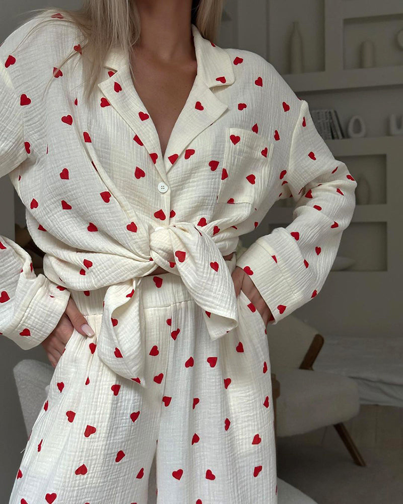 Casual Heart-print Long Sleeve Soft Pajama Set