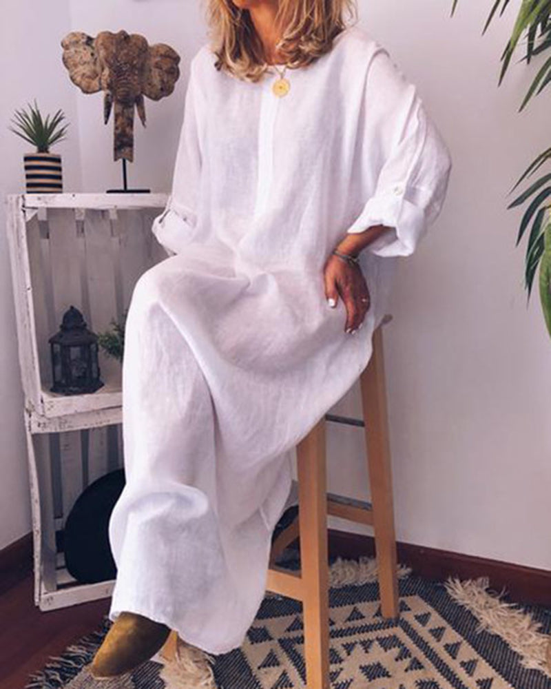 Long Sleeve Solid Color Plus Size Loose Fit Maxi Cotton Linen Dress Round Neck Button Up Dresses with Pocket