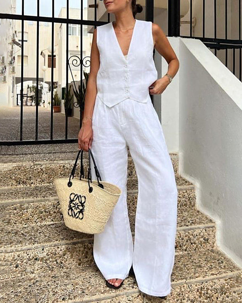 Classic Linen Vest and Wide Leg Pants Set