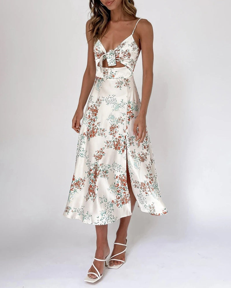 Spaghetti Strap Midi Dresses Sexy Deep V Neck Backless Floral Print Side Slit Maxi Dress